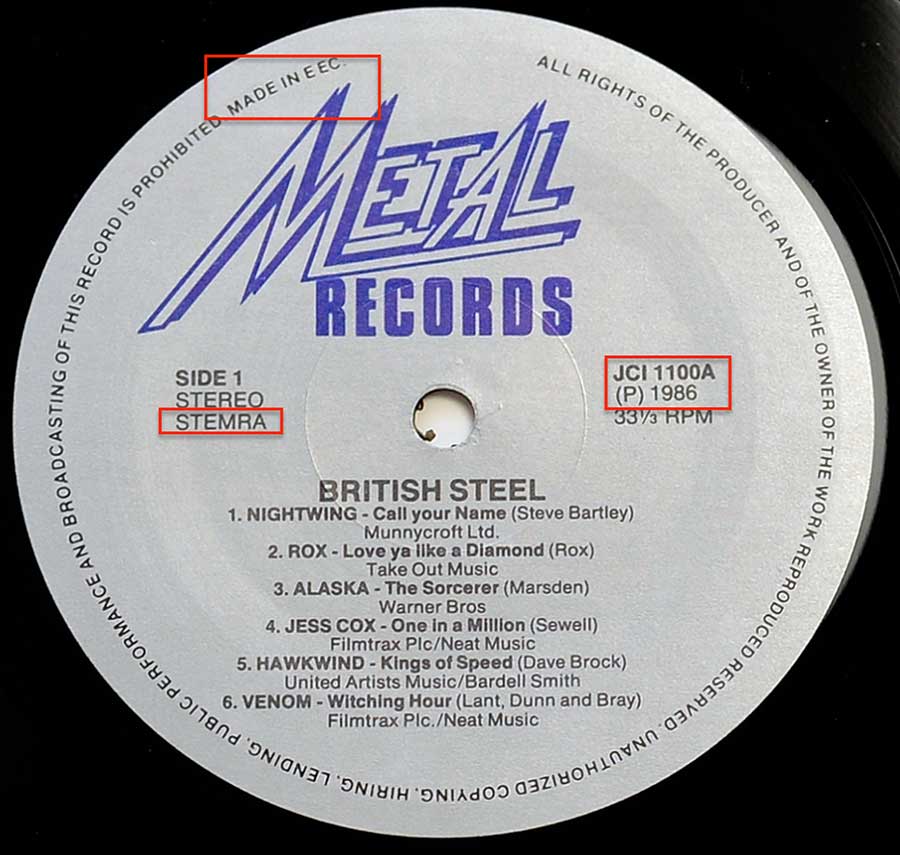 Close up of record's label VARIOUS ARTISTS - British Steel ( NWOBHM Compilation ) Side One