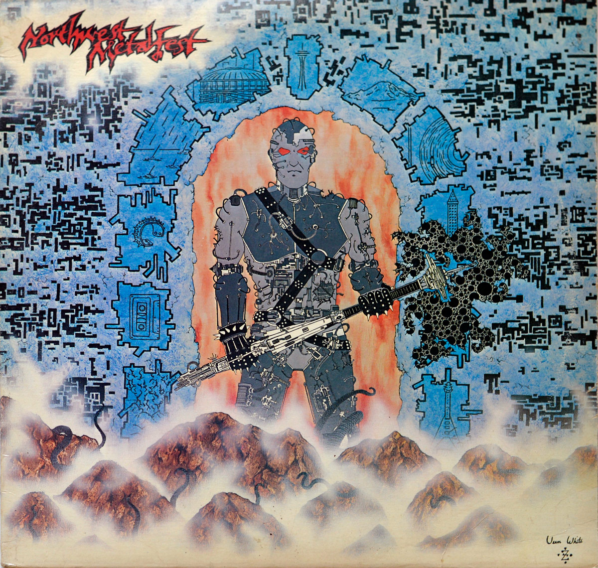 Front cover of Northwest Metalfest featuring a biomechanical humanoid warrior with red eyes, holding a futuristic guitar-shaped weapon, surrounded by circuit-like designs, Seattle architecture symbols, and mist-covered mountains.