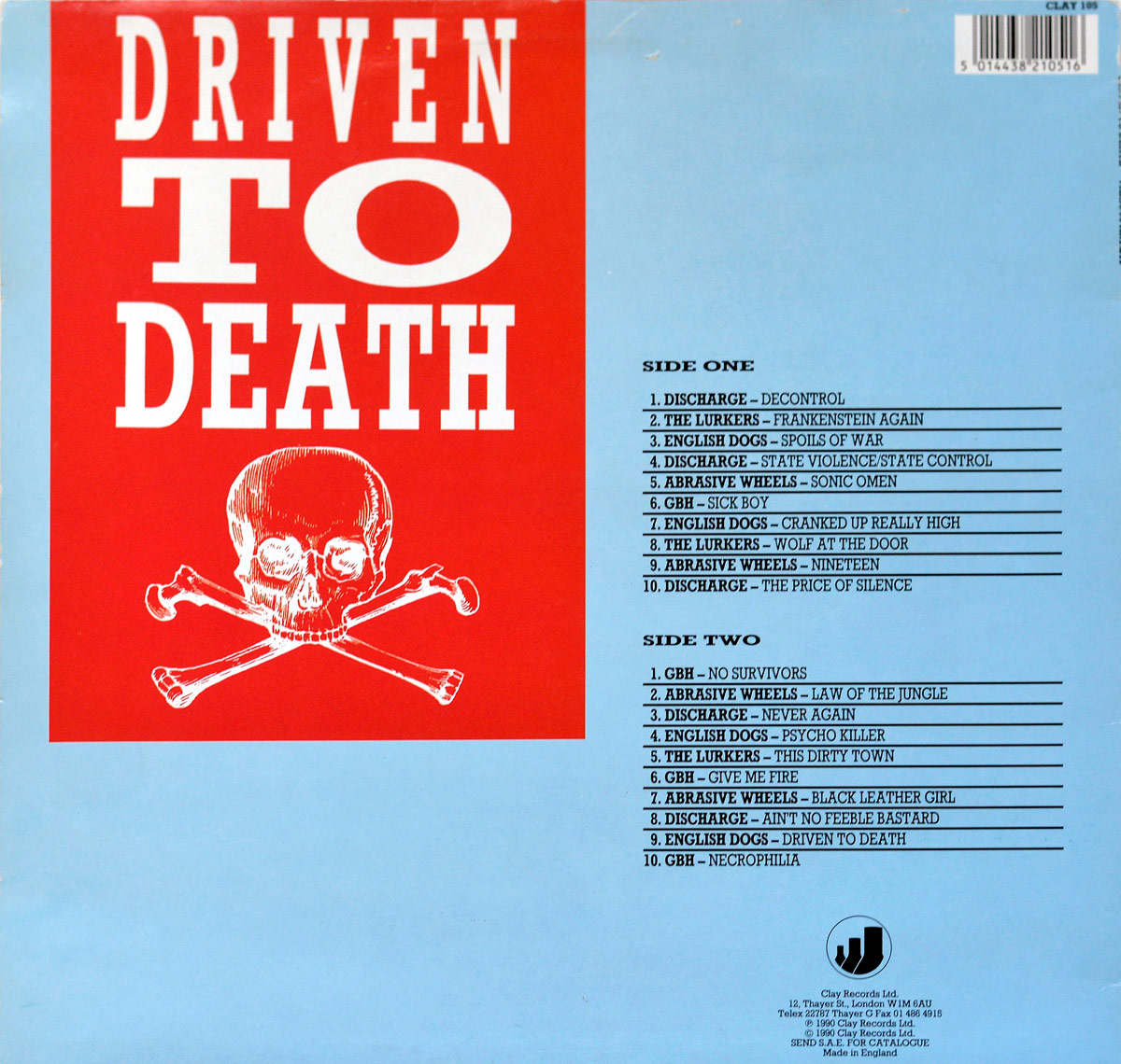Back cover of VA - Driven to Death. Red skull logo on left, blue background on right with full tracklist, band names and barcode. UK Clay Records release.