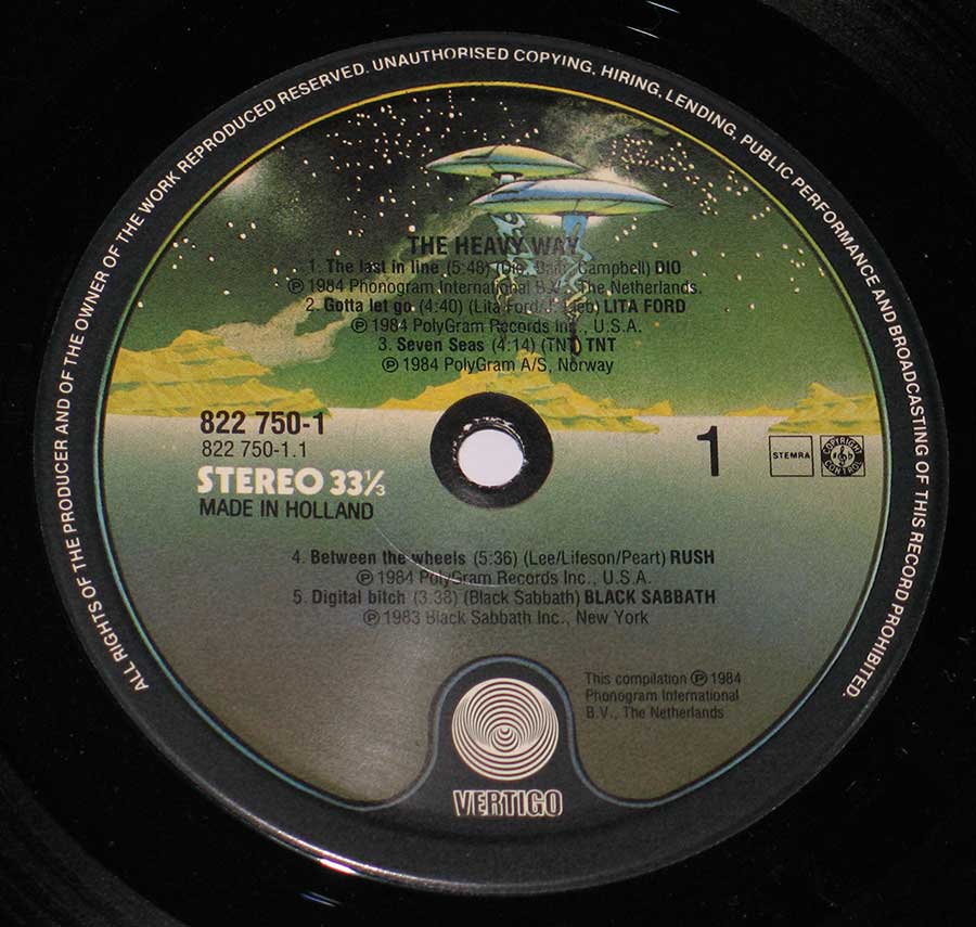 Close up of record's label VARIOUS ARTISTS Heavy Way Black Sabbath Vertigo Sampler 12" Vinyl LP Album Side One