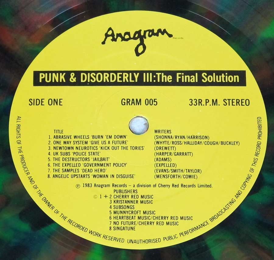Close up of record's label PUNK AND DISORDERLY III - The Final Solution 12" Vinyl LP Album Side One