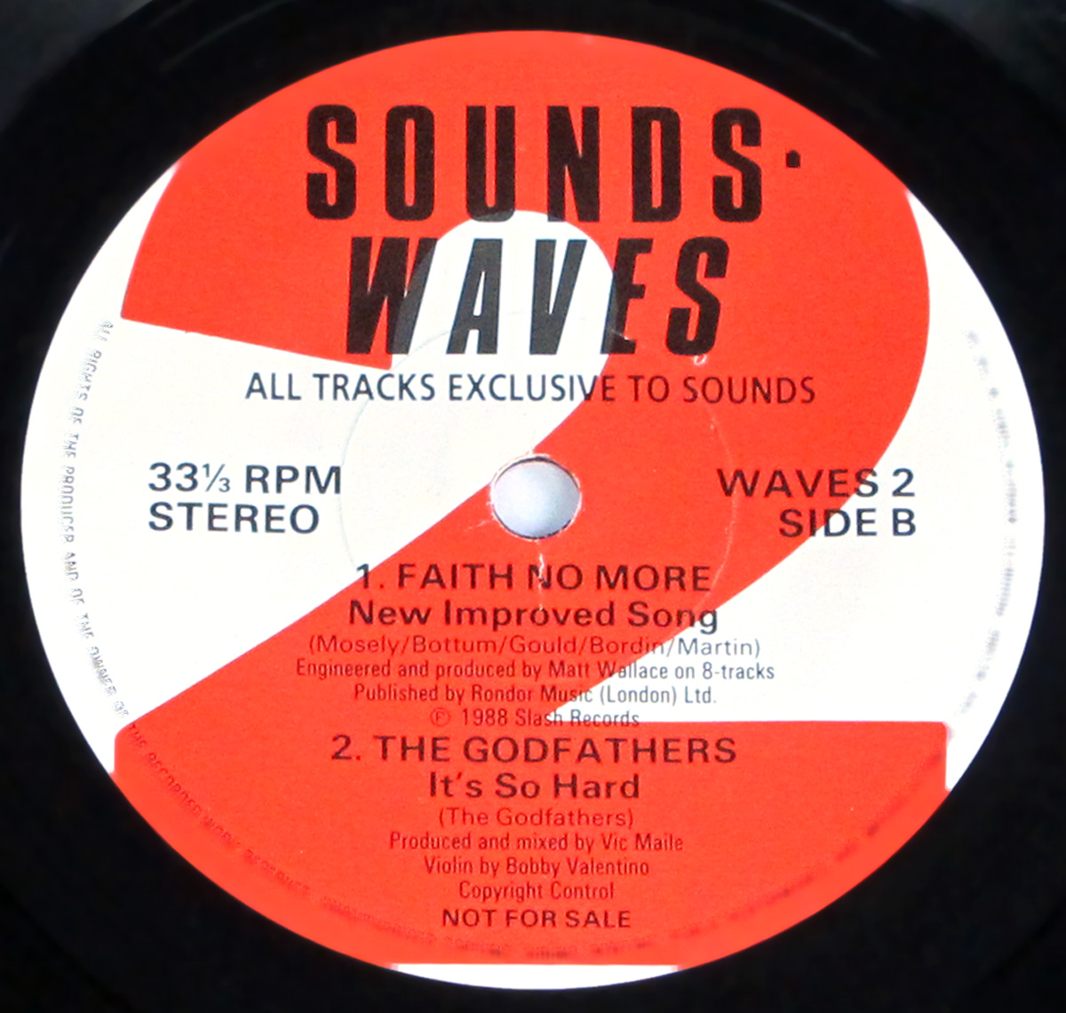 Side Two Close up of record's label SOUNDS WAVES 2 Jesus And Mary Chain / Head Of David / Faith No More / The Godfathers Promo 7" EP 33RPM PS VINYL