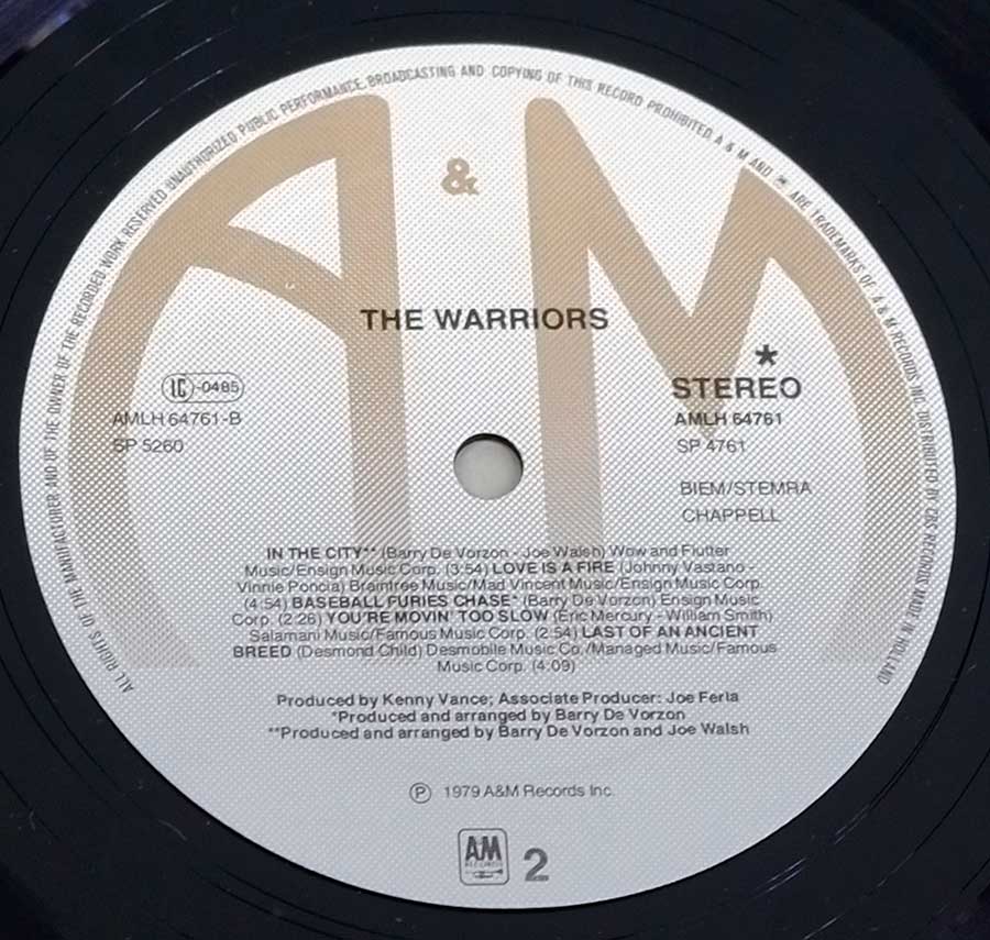 Side Two Close up of record's label THE WARRIORS - Original Motion Picture Soundtrack OST 12" Vinyl LP Album
