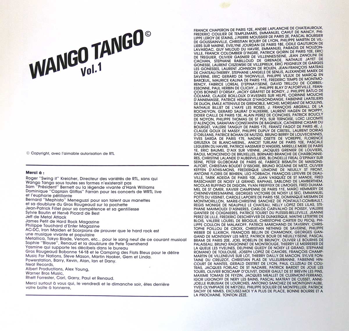 Inner Sleeve   of "Wango Tango Vol 1." Album