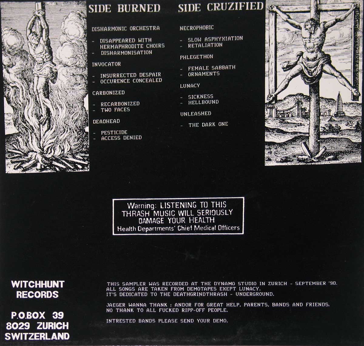 Photo of the album back cover and the titles: "Burned" and "Cruzified"  