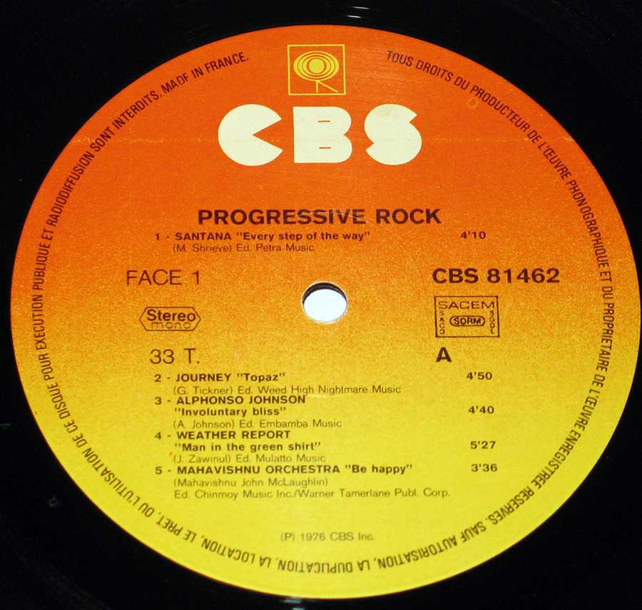 Close up of record's label VARIOUS ARTISTS - Progressive Rock 12" VINYL LP ALBUM Side One